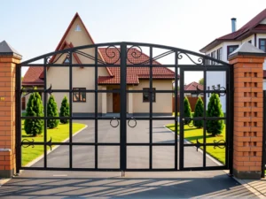 Автоматические ворота кованные из метала обшитые деревом с калиткой 2450х3700
