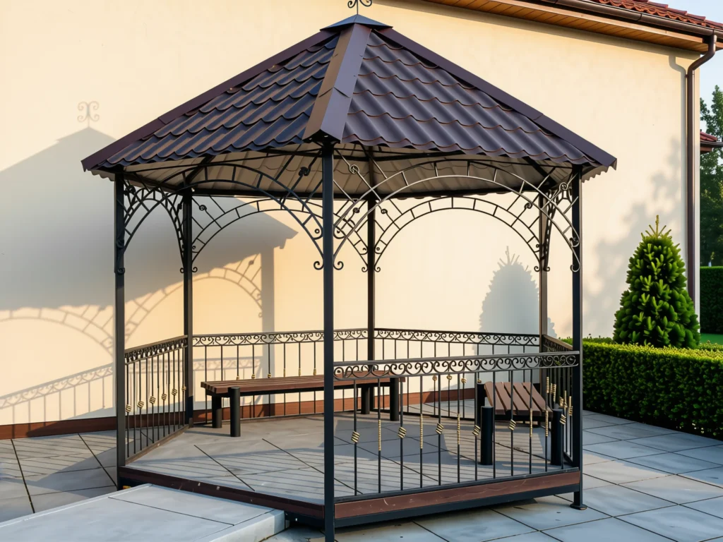 Кованая беседка с ажурным каркасом и крышей